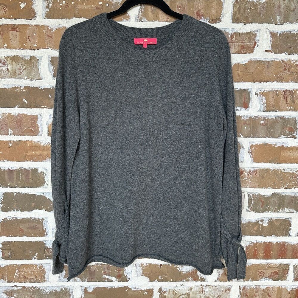 Elaine Turner Sweater Women's Large 100% Cashmere Knit Gray Tie‎ Bell Sleeve